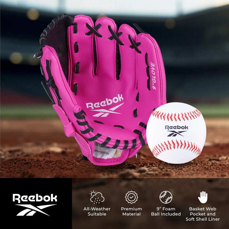 Reebok - Youth Baseball Glove Set, 9-Inch Kids Sports Glove with Foam Ball, Training Mitt for Beginners, Practice & Backyard Play (Pink) - Image 3